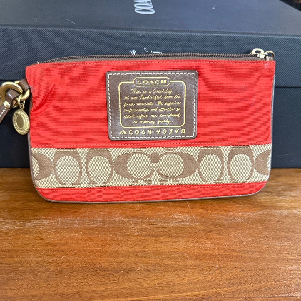 Coach Signature Red And Tan Wristlet